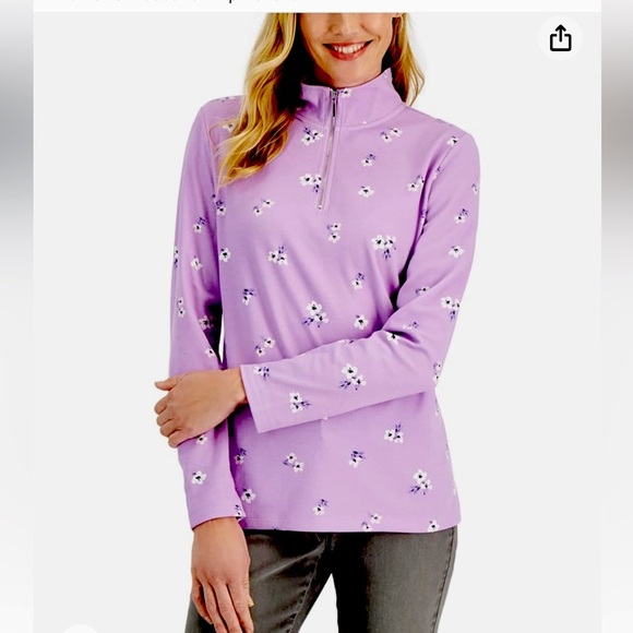 Karen Scott 1/4 Zip Long Sleeve Women’s Size Large‎ Purple White Floral Print - Picture 1 of 6